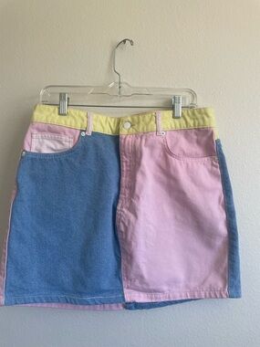 ASOS Hello Kitty Colorblock Denim Mini Skirt Pink Blue Yellow Size US 10